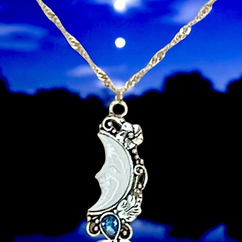 Moon Silver, White, & Blue Pendant Necklace - Picture 2 of 4